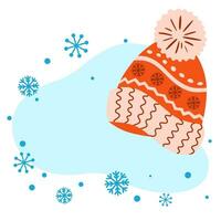 hiver modèle Noël bannière Nouveau année salutation carte invitation avec endroit pour texte décoratif tricoté rouge casquette isolé sur blanc neigeux bleu bulle étiquette vente écorcheur vecteur illustration.