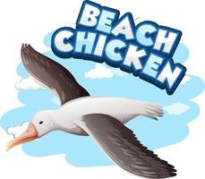 personnage de dessin animé d'oiseau mouette avec bannière de police de poulet de plage isolée vecteur