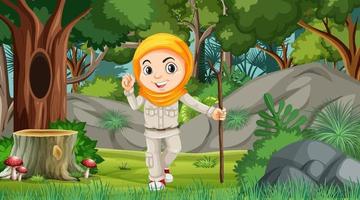 scène de nature avec un personnage de dessin animé de fille musulmane explorant dans la forêt vecteur