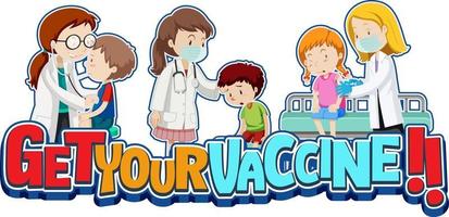 obtenez votre bannière de police de vaccin avec des enfants patients et un personnage de dessin animé de médecin vecteur