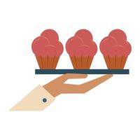 main de cuisine et de nourriture de restaurant tenant un plateau de nourriture avec des dessins animés d'icône de muffins vector illustration graphic design