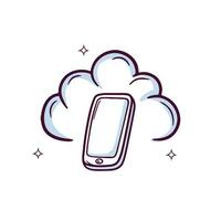 main tiré nuage icône avec téléphone intelligent. griffonnage esquisser vecteur illustration