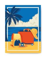 affiche de voyage avec bagages dans le paysage de la plage vecteur