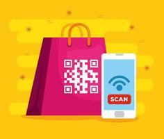 scanner le code qr dans le sac shopping avec smartphone vecteur