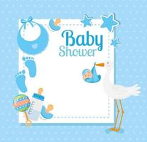 carte de douche de bébé avec cigogne et décoration vecteur