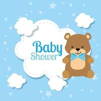 carte de douche de bébé avec un ours mignon et des nuages vecteur