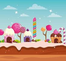 pays des bonbons avec des maisons cupcake et caramels vecteur