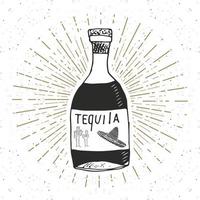 étiquette vintage, bouteille dessinée à la main de croquis de boisson alcoolisée traditionnelle mexicaine tequila, insigne rétro texturé grunge, conception de l'emblème, impression de t-shirt de typographie, illustration vectorielle vecteur