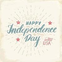 joyeux jour de l'indépendance carte de voeux vintage usa, célébration des états-unis d'amérique. lettrage à la main, illustration vectorielle de vacances américaines grunge texturé design rétro. vecteur