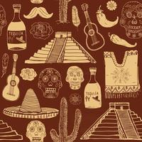 Éléments de doodle modèle sans couture mexique, silhouette de croquis dessinés à la main chapeau de sombrero traditionnel mexicain, botte, poncho, bouteille de cactus et de tequila, piments, guitare. fond illustration vectorielle vecteur