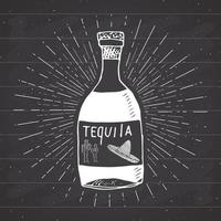 étiquette vintage, bouteille dessinée à la main de croquis de boisson alcoolisée traditionnelle mexicaine tequila, insigne rétro texturé grunge, conception de l'emblème, impression de t-shirt de typographie, illustration vectorielle vecteur