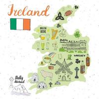 griffonnages de croquis de l'Irlande. Éléments irlandais dessinés à la main avec drapeau et carte de l'Irlande, croix celtique, château, trèfle, harpe celtique, moulin et mouton, bouteilles de whisky et bière irlandaise, illustration vectorielle vecteur