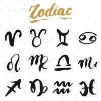 ensemble de signes du zodiaque et lettrages. symboles d'astrologie horoscope dessinés à la main, conception texturée grunge, impression de typographie, illustration vectorielle vecteur