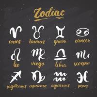 ensemble de signes du zodiaque et lettrages. symboles d'astrologie horoscope dessinés à la main, conception texturée grunge, impression de typographie, illustration vectorielle vecteur