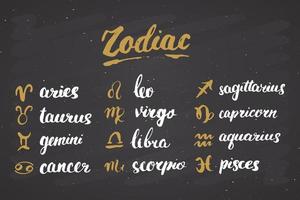 ensemble de signes du zodiaque et lettrages. symboles d'astrologie horoscope dessinés à la main, conception texturée grunge, impression de typographie, illustration vectorielle vecteur