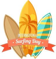bannière de la journée internationale du surf avec de nombreuses planches de surf vecteur