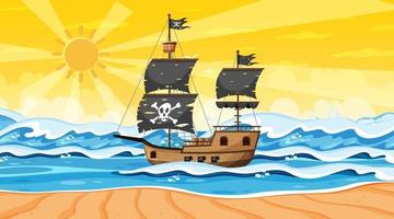 océan avec bateau pirate à la scène du coucher du soleil en style cartoon vecteur