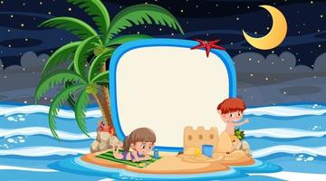 enfants en vacances à la scène de nuit de plage avec un modèle de bannière vide vecteur
