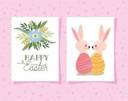 invitation avec lettrage joyeuses pâques et deux lapins roses avec des œufs de pâques sur fond rose vecteur