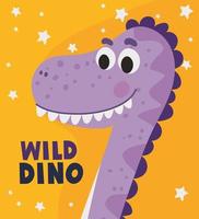 lettrage de dino sauvage et une illustration pour enfants d'un dinosaure violet vecteur