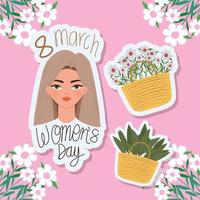 8 mars lettrage de la journée de la femme, belle femme aux cheveux châtain clair et paniers avec des fleurs vecteur