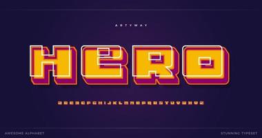 alphabet de super-héros. police de style ancien 3d de dessin animé, type d'ombre colorée pour le logo de super-héros moderne, titre et lettrage créatif. lettres géométriques audacieuses avec contraste inversé, vecteur typographique de