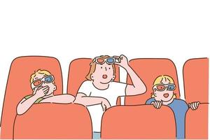 enfants mignons portant des lunettes stéréoscopiques et regardant un film au théâtre. illustrations de conception de vecteur de style dessinés à la main.