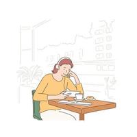 une femme est assise dans un café et écoute de la musique. illustrations de conception de vecteur de style dessinés à la main.