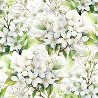 aquarelle sans couture modèle avec blanc jasmin fleurs et d'or feuilles sur une blanc Contexte vecteur