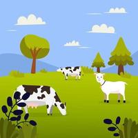 paysage naturel avec des vaches, des chèvres, de l'herbe, des arbres, des collines et des montagnes.pré et fond de ciel en design plat. vecteur de champ vert d'été. beau champ vert avec ferme d'animaux avec ciel bleu