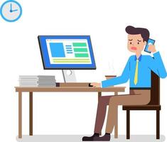 homme d'affaires travaillant dur concept .cartoon business man working on pc at desk.vector illustration.young businessman a souligné appelez un téléphone portable au bureau vecteur