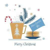 mignonne salutation carte, affiche, vacances couverture avec une tasse de chaud chocolat, biscuits et une Remarque pour Père Noël claus. vecteur