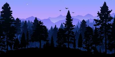 magnifique panoramique vue de une foncé forêt avec violet et bleu silhouettes de des arbres et montagnes contre une violet ciel. scénique paysage parfait pour Voyage et aventure arrière-plans vecteur