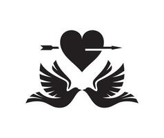 silhouettes de colombes avec cœurs La Flèche sur blanc Contexte. l'amour symboles, couple de pigeons. vecteur