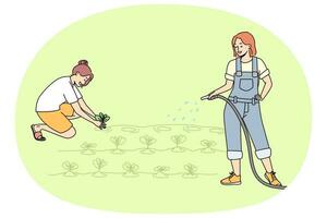 jeunes femmes travaillant ensemble dans le jardin arrosant les plantes. personnages de dessins animés féminins impliqués dans l'agriculture ou l'agriculture à la plantation. illustration vectorielle. vecteur