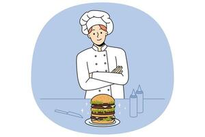 fier chef masculin cuisinier burger au bar ou au café. homme souriant en uniforme préparant un repas de style américain. restauration rapide au restaurant. illustration vectorielle. vecteur