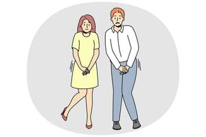 l'homme et la femme veulent faire pipi. couple souffre d'infection urinaire ou de problème de santé. concept de soins de santé. illustration vectorielle. vecteur