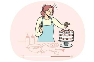 blogueuse culinaire réalisant une recette de gâteau sur un canal en ligne. une femme vlogger diffuse en direct la cuisson des desserts. boulangerie maison. illustration vectorielle. vecteur