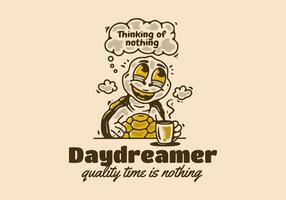 rêveur en pensant de rien, mascotte personnage illustration de tortue boisson une café tandis que rêverie vecteur