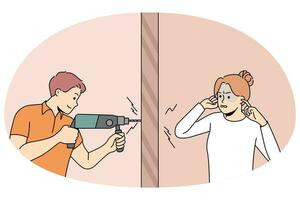 femme ennuyée par un voisin bruyant faisant des réparations à domicile. un homme avec une perceuse dérange sa voisine avec un bruit insupportable à l'intérieur. illustration vectorielle. vecteur