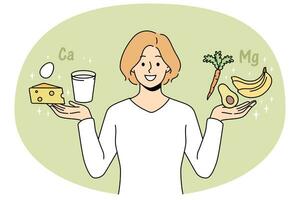 souriante jeune femme tenant des produits de calcium et de magnésium dans les mains. une femme heureuse suit un mode de vie sain. alimentation et nutrition. illustration vectorielle. vecteur