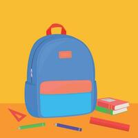 école sac à dos ou cartable avec Stationnaire, manuels scolaires, vecteur illustration