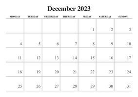 2023 décembre calendrier Facile noir et blanc début sur Lundi vecteur