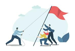 fort travail en équipe de premier plan à Succès pour organisations, affaires gens travail comme une équipe ou les partenaires portion à élever le drapeau de la victoire. vecteur conception illustration.