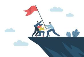 fort travail en équipe de premier plan à Succès pour organisations, affaires gens travail comme une équipe ou les partenaires portion à élever le drapeau de la victoire sur le Haut de le le plus élevé Montagne. vecteur