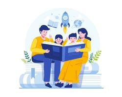 content l'alphabétisation journée illustration. famille en train de lire une livre. père, mère, fils, et fille en train de lire une livre ensemble tandis que séance sur pile de livres vecteur