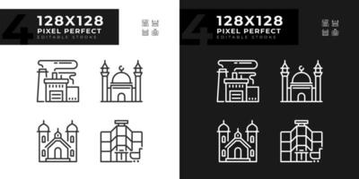 pixel parfait foncé et lumière mode Icônes ensemble représentant divers bâtiments, modifiable mince ligne illustration. vecteur