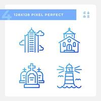 bleu pente Icônes ensemble représentant divers bâtiments, mince ligne illustration. vecteur