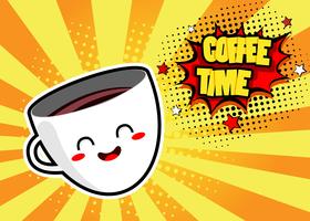 Pop art arrière-plan avec une tasse de café mignon et bulle avec texte Coffee Time. Illustration vectorielle dessinés à la main coloré dans un style bande dessinée rétro. vecteur