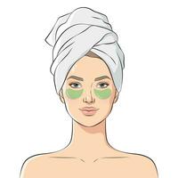 femme avec œil patchs. magnifique Jeune femme visage avec une baignoire serviette sur sa diriger, vecteur illustration